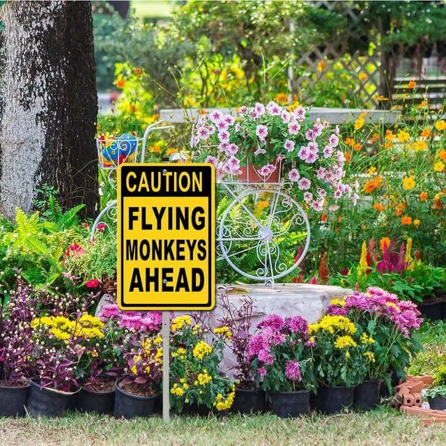Caution Flying Monkeys Ahead Yard Signs with Stake, Sturdy Aluminum Caution Lawn Sign, Statement Plaque Sign Decoration for Yard Garden Lawn Outdoor,Laminated Rustproof, 8x12 inch