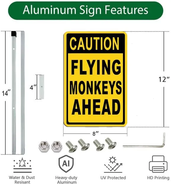Caution Flying Monkeys Ahead Yard Signs with Stake, Sturdy Aluminum Caution Lawn Sign, Statement Plaque Sign Decoration for Yard Garden Lawn Outdoor,Laminated Rustproof, 8x12 inch