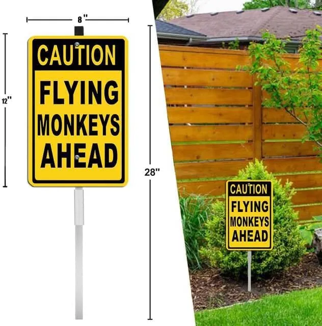 Caution Flying Monkeys Ahead Yard Signs with Stake, Sturdy Aluminum Caution Lawn Sign, Statement Plaque Sign Decoration for Yard Garden Lawn Outdoor,Laminated Rustproof, 8x12 inch