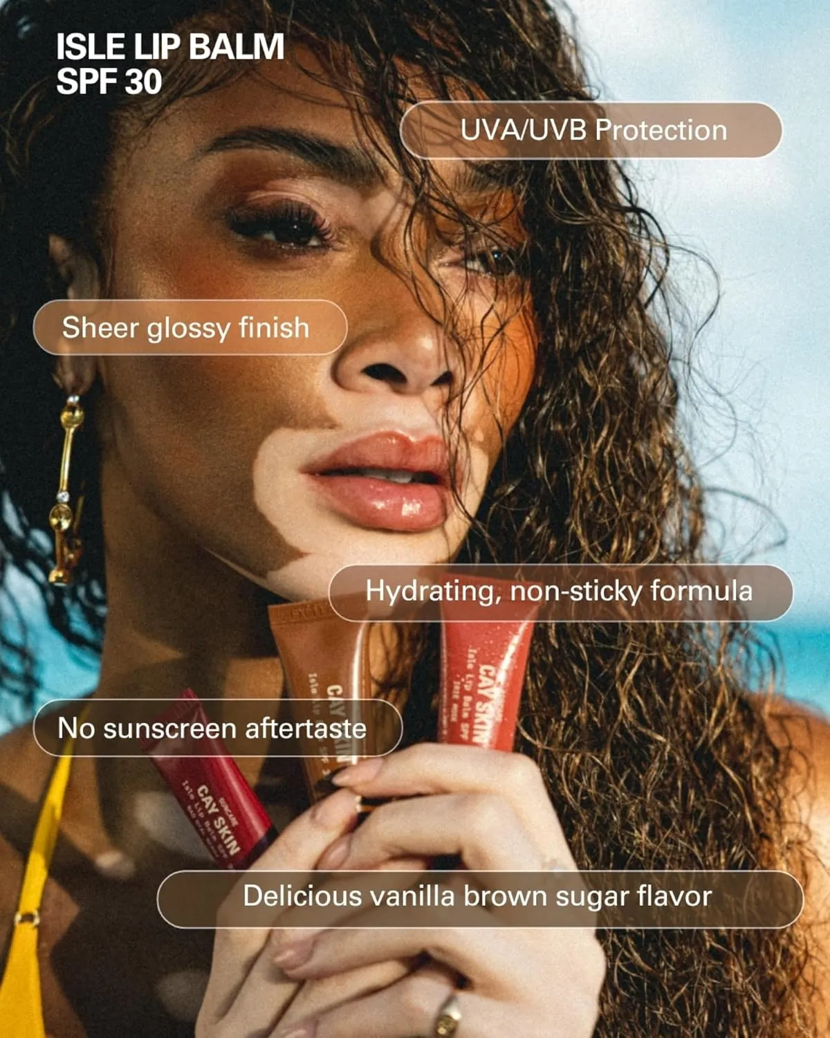 Cay Skin Isle Lip Balm SPF 30 – High Shine, Hydrating, Non-Sticky Lip Gloss in Vanilla Brown Sugar Flavor – Formulated with Natural Ingredients for All Skin Tones – 3-Pack, Clear