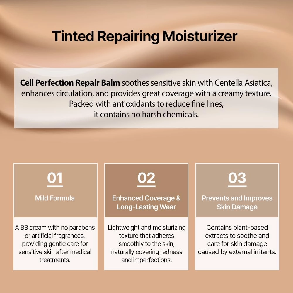 Cell Perfection Repair Balm 1.69 fl oz /50ml Tinted Repairing Moisturizing Soothing Cream K-beauty Mild Formula BB