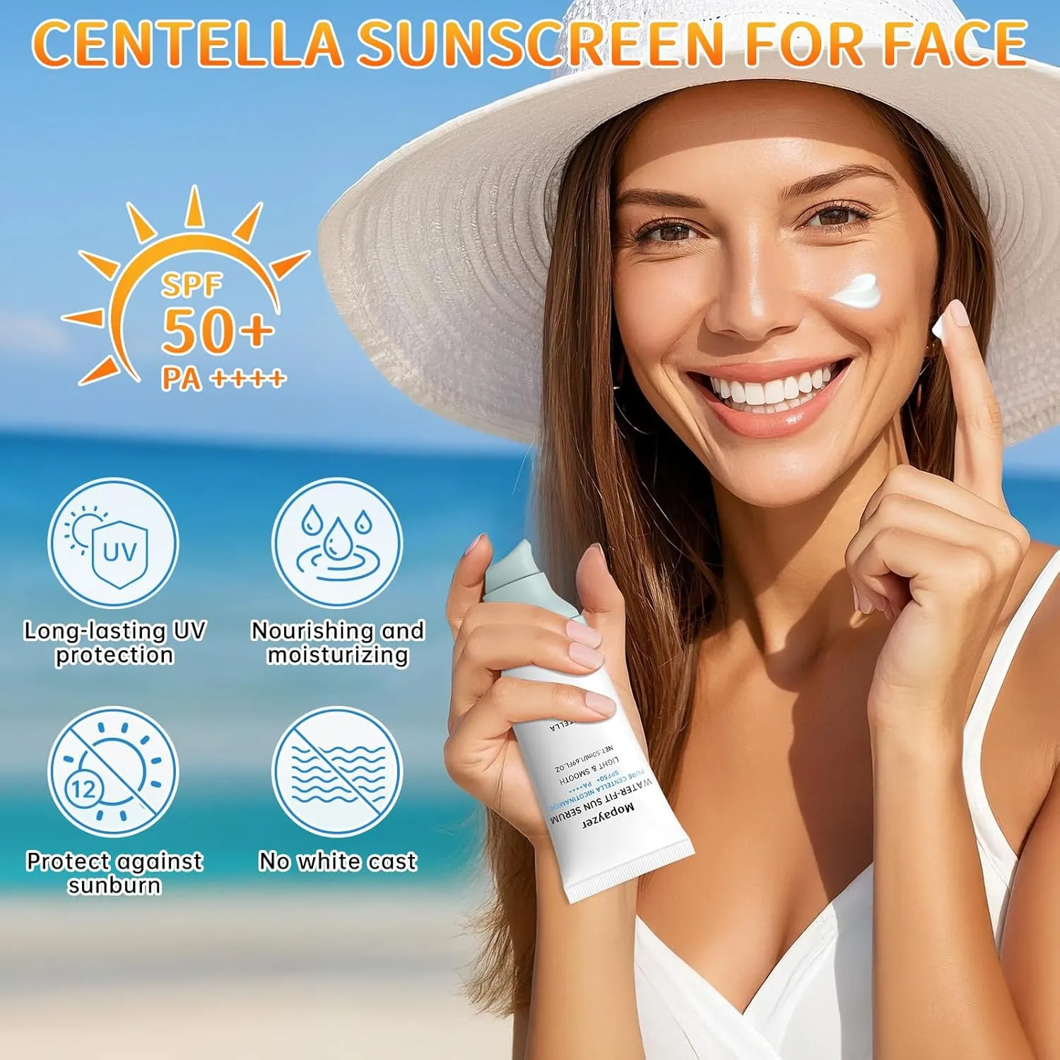 Centella Sunscreen SPF 50, Sunscreen for Face, Water Resistant Strong UV Protection No White Cast, Centella Madagascar Face Sun Screen Oil Free Korean Skincare(Blue 2)
