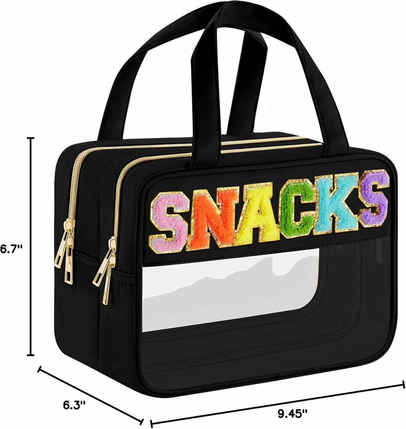 Chenille Letter Clear Makeup Bag, Preppy Cosmetic Bag Clear Snack Bags with Zipper, Stuff Bag Waterproof Sunscreen Bag Travel Toiletry Bag Cosmetic Pouch for Women and Girls (Snacks, Plus Size)