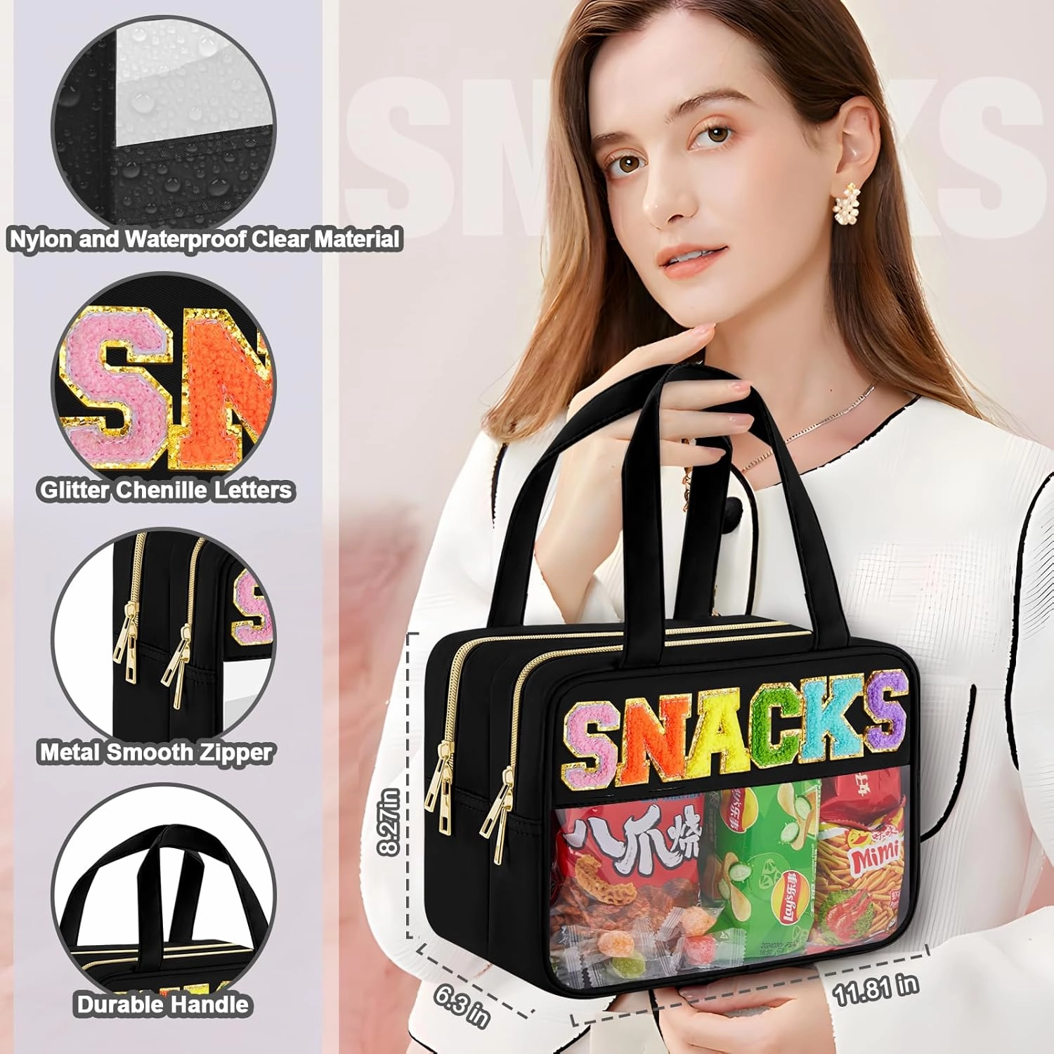 Chenille Letter Clear Makeup Bag, Preppy Cosmetic Bag Clear Snack Bags with Zipper, Stuff Bag Waterproof Sunscreen Bag Travel Toiletry Bag Cosmetic Pouch for Women and Girls (Snacks, Plus Size)