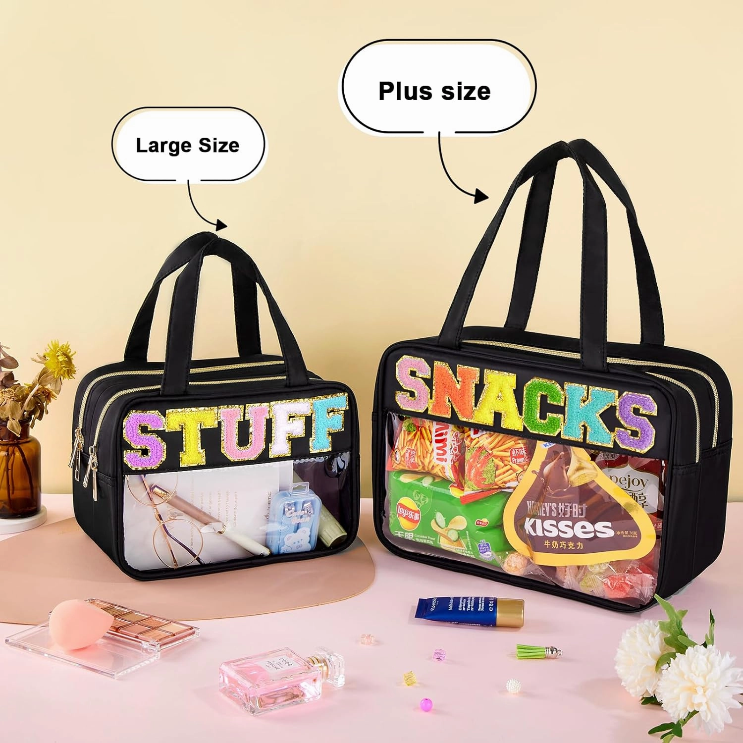 Chenille Letter Clear Makeup Bag, Preppy Cosmetic Bag Clear Snack Bags with Zipper, Stuff Bag Waterproof Sunscreen Bag Travel Toiletry Bag Cosmetic Pouch for Women and Girls (Snacks, Plus Size)