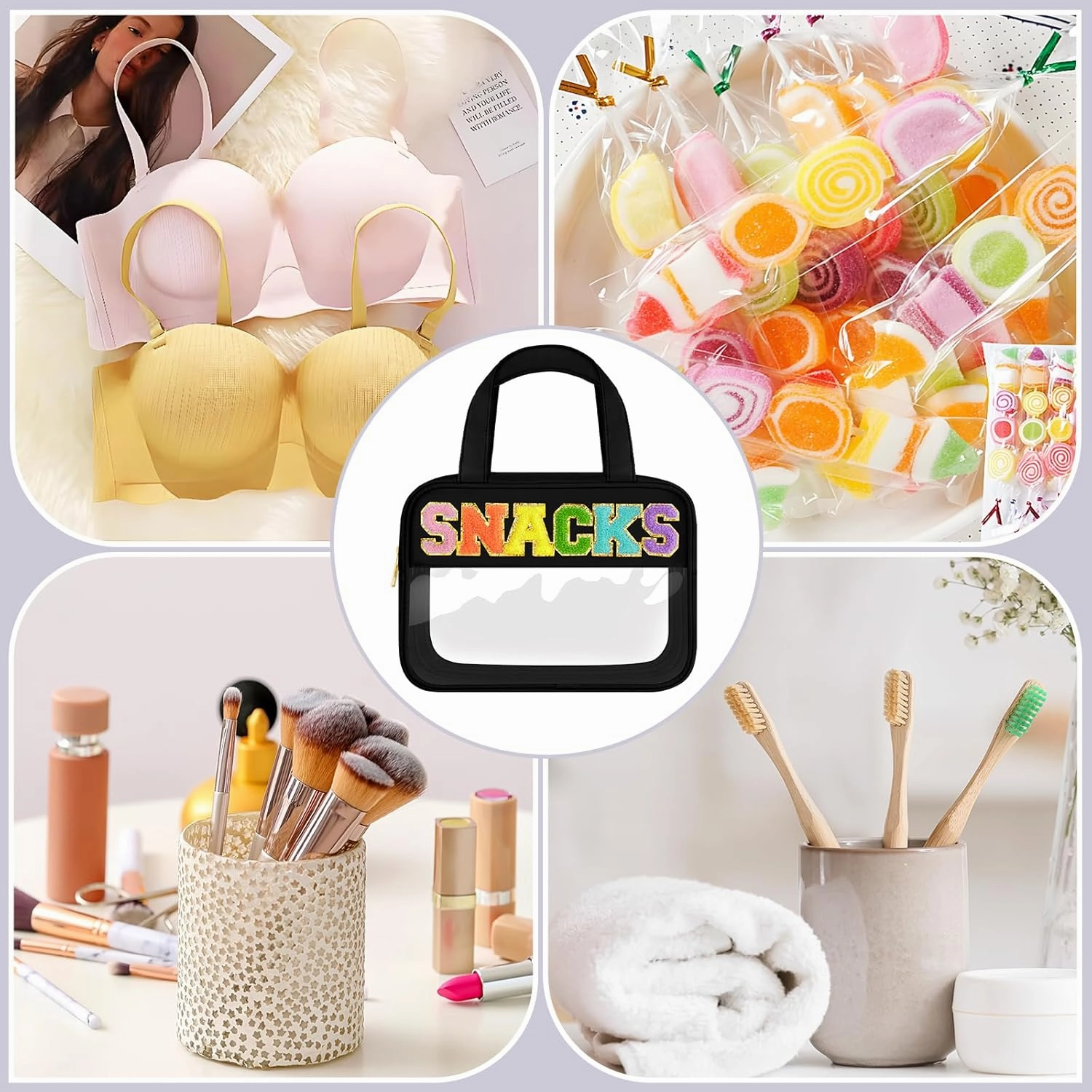 Chenille Letter Clear Makeup Bag, Preppy Cosmetic Bag Clear Snack Bags with Zipper, Stuff Bag Waterproof Sunscreen Bag Travel Toiletry Bag Cosmetic Pouch for Women and Girls (Snacks, Plus Size)