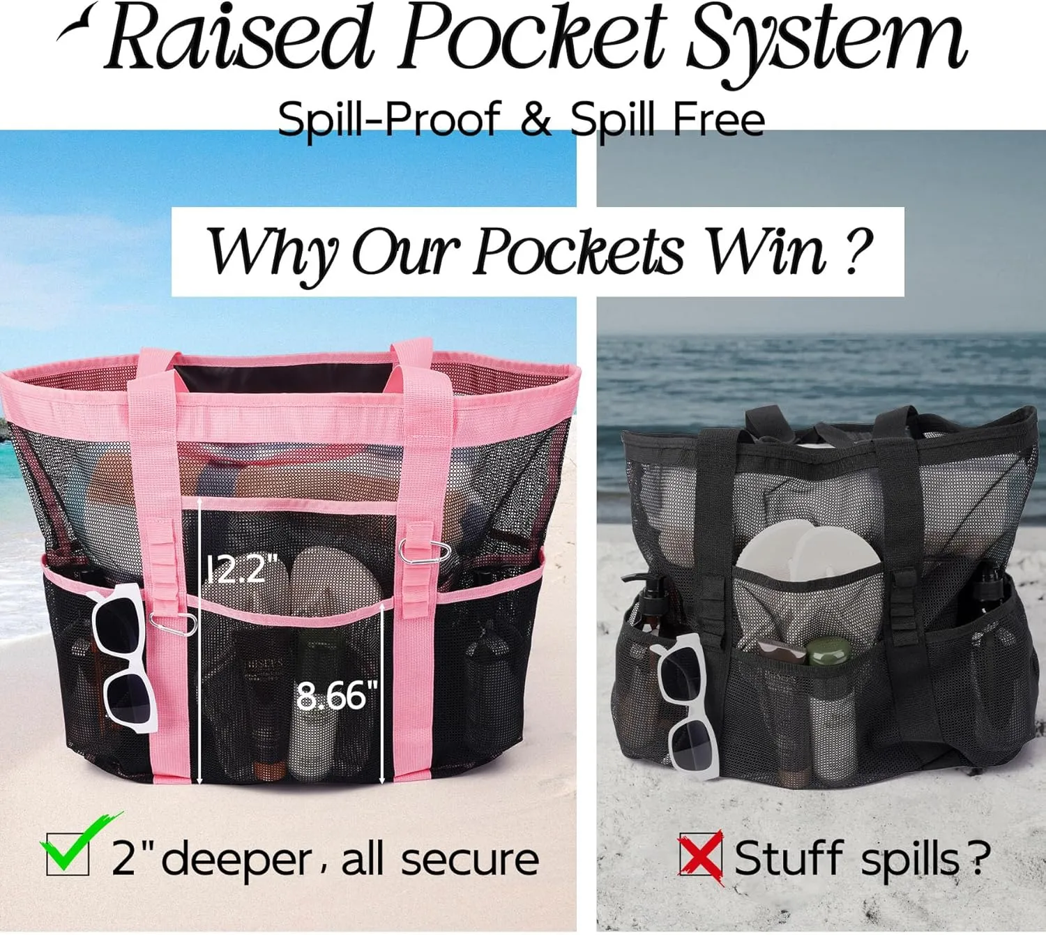 Chic & Spacious XX-Large Beach Bag for Women – 12 Pockets, Waterproof Mesh, Lightweight, Includes 2 Carabiners