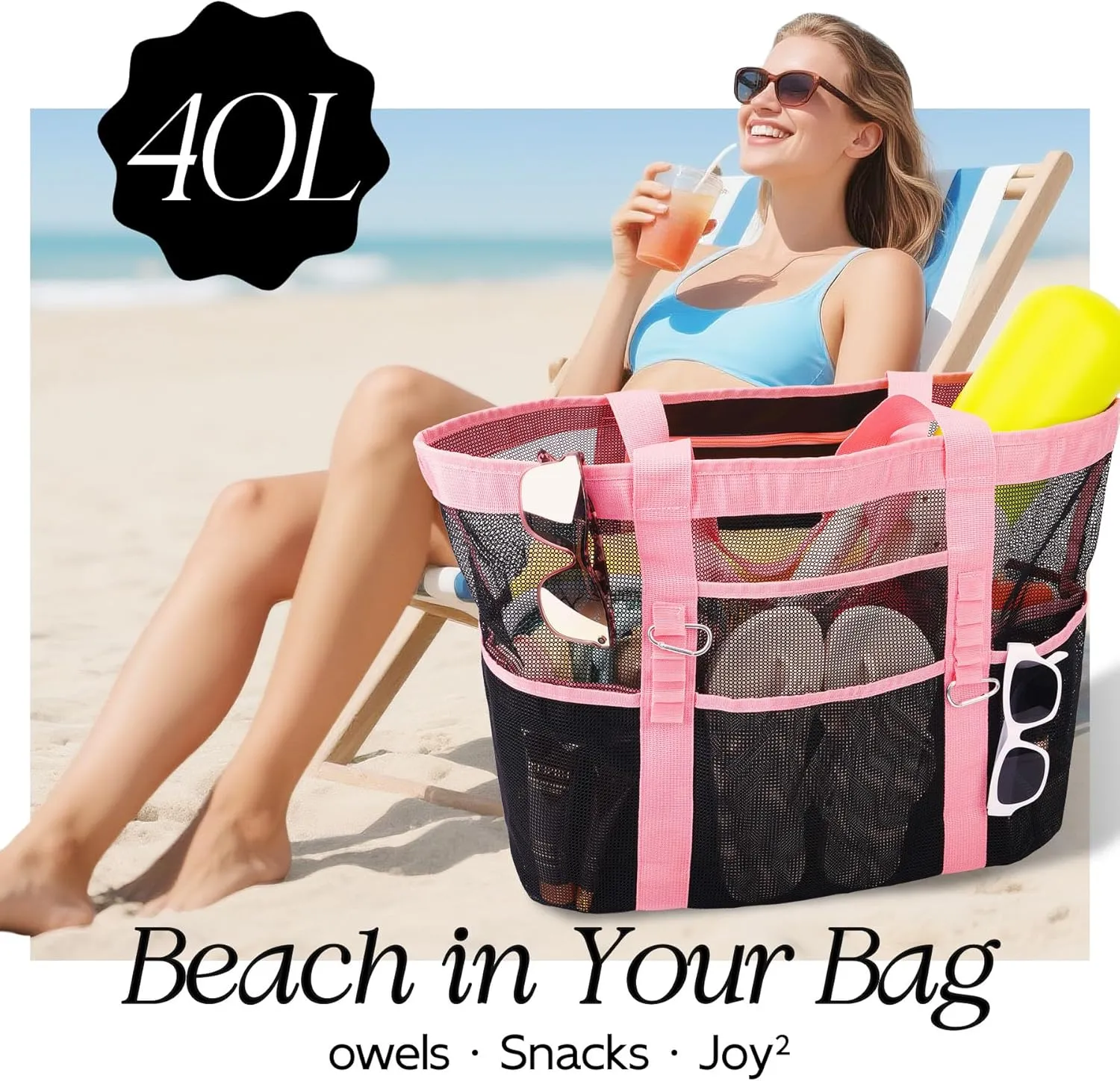 Chic & Spacious XX-Large Beach Bag for Women – 12 Pockets, Waterproof Mesh, Lightweight, Includes 2 Carabiners
