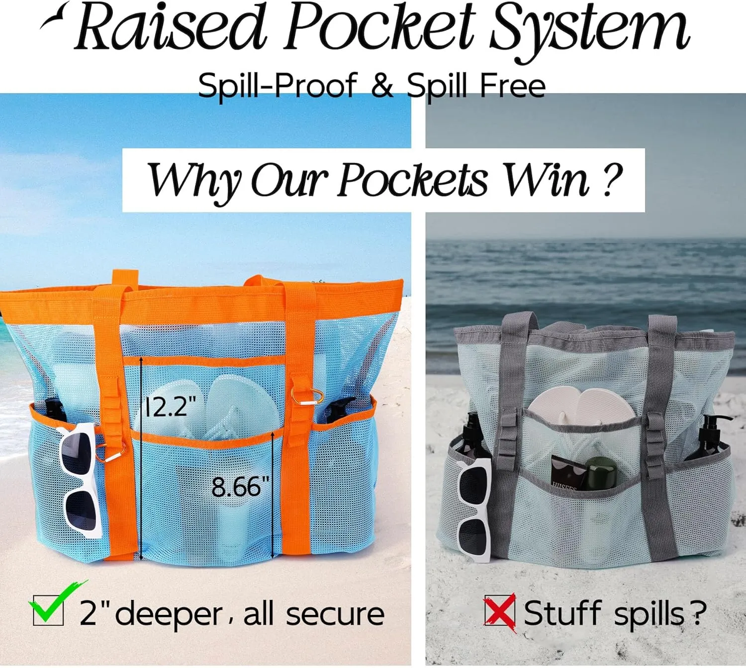 Chic & Spacious XX-Large Beach Bag for Women – 12 Pockets, Waterproof Mesh, Lightweight, Includes 2 Carabiners