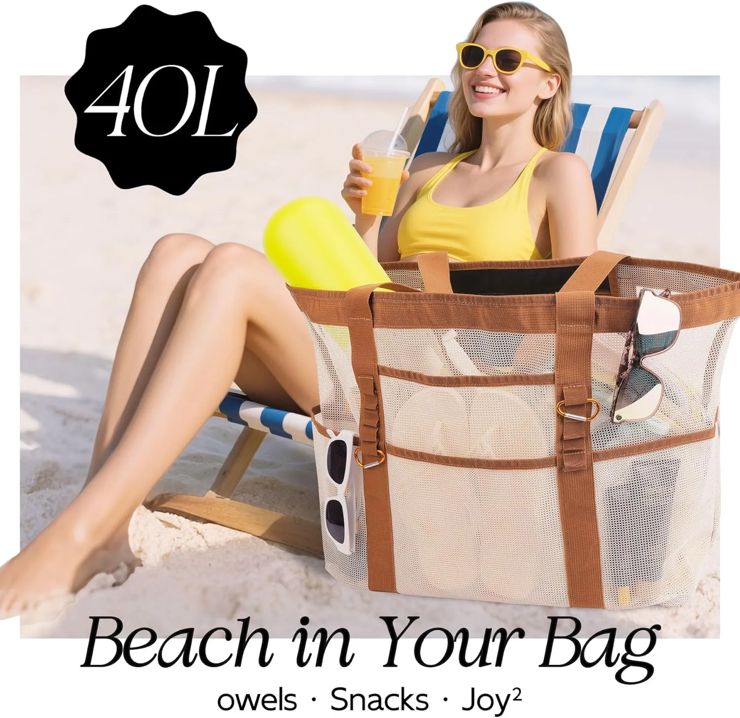 Chic & Spacious XX-Large Beach Bag for Women – 12 Pockets, Waterproof Mesh, Lightweight, Includes 2 Carabiners