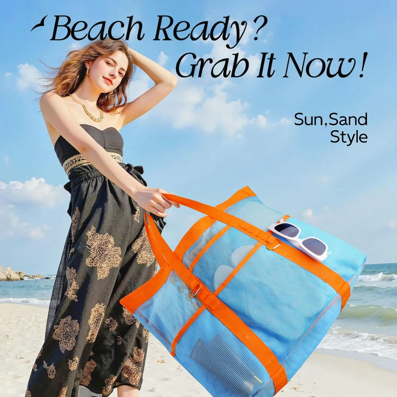 Chic & Spacious XX-Large Beach Bag for Women – 12 Pockets, Waterproof Mesh, Lightweight, Includes 2 Carabiners
