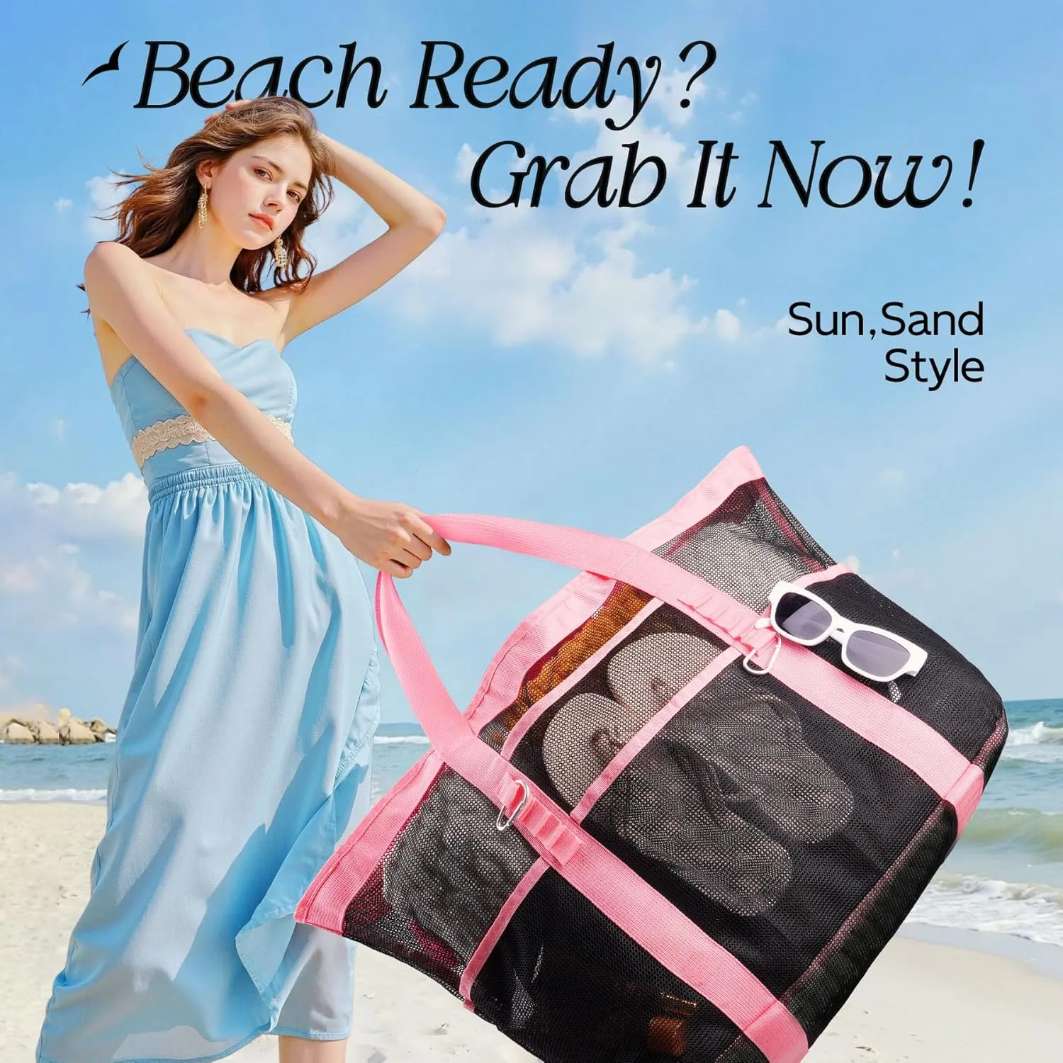 Chic & Spacious XX-Large Beach Bag for Women – 12 Pockets, Waterproof Mesh, Lightweight, Includes 2 Carabiners