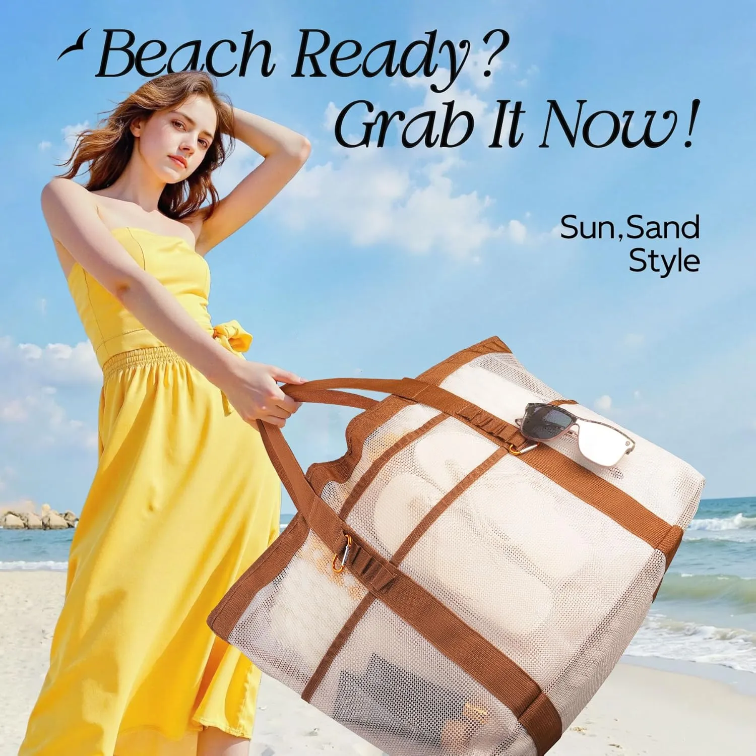 Chic & Spacious XX-Large Beach Bag for Women – 12 Pockets, Waterproof Mesh, Lightweight, Includes 2 Carabiners