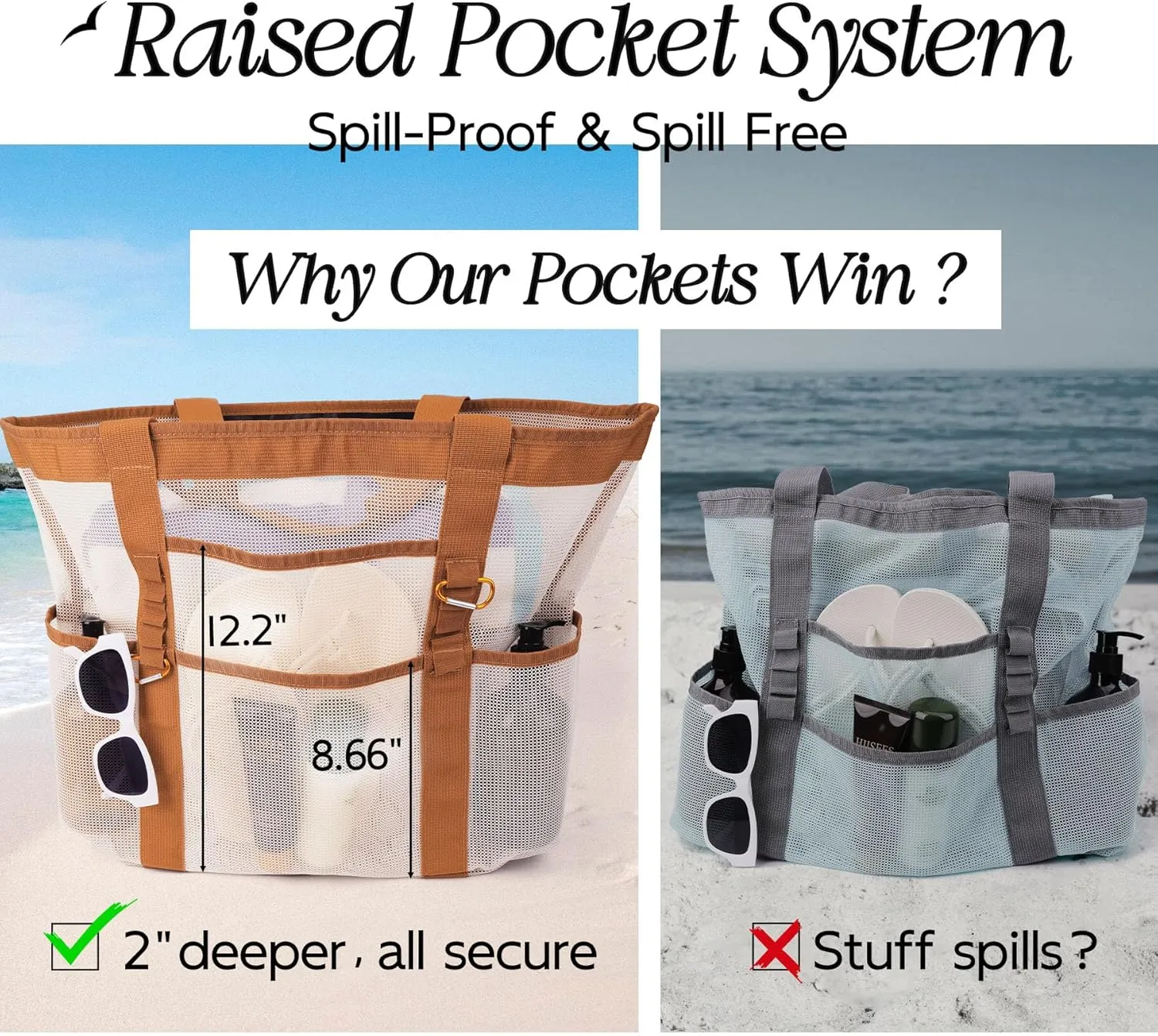 Chic & Spacious XX-Large Beach Bag for Women – 12 Pockets, Waterproof Mesh, Lightweight, Includes 2 Carabiners