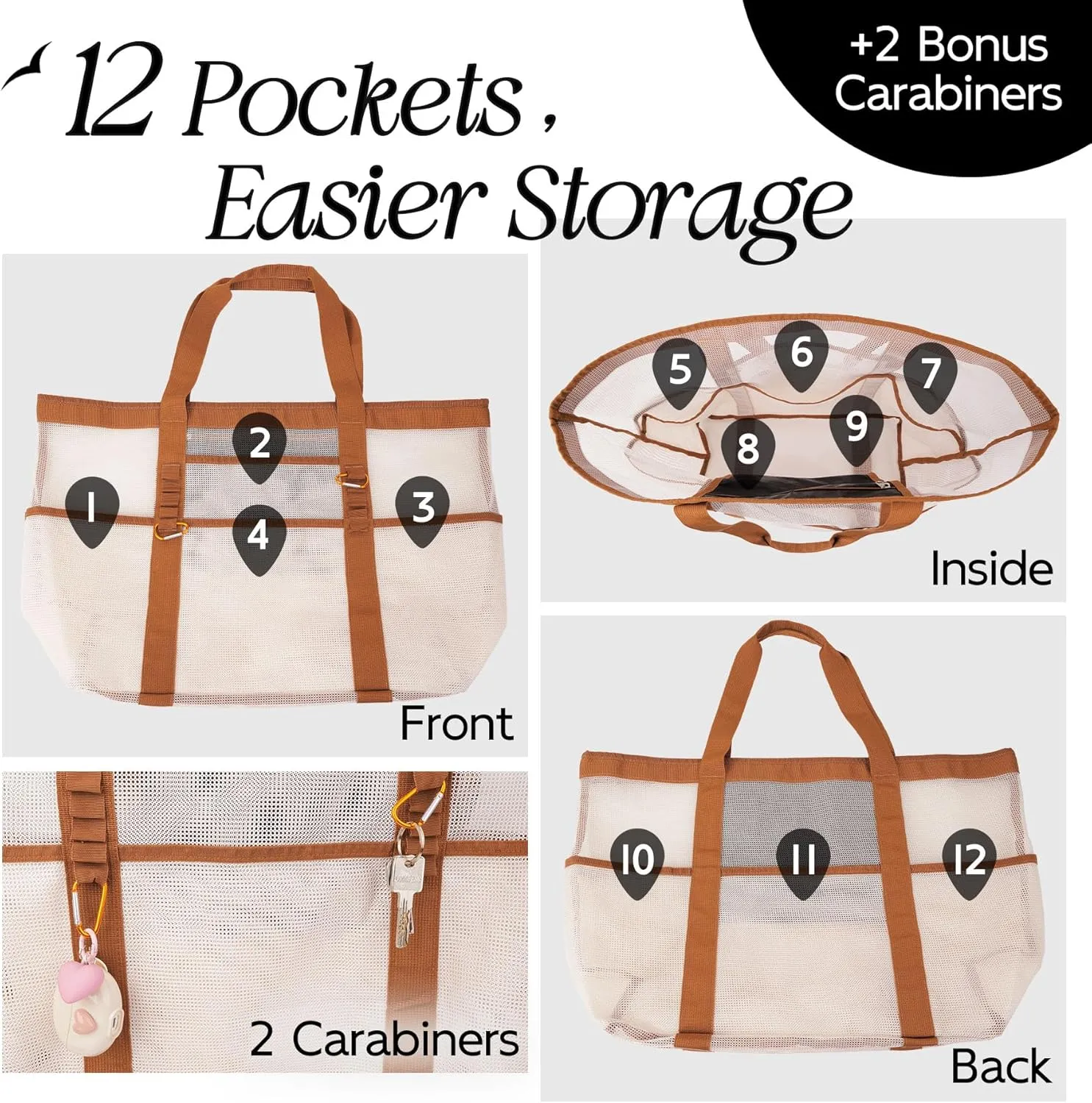 Chic & Spacious XX-Large Beach Bag for Women – 12 Pockets, Waterproof Mesh, Lightweight, Includes 2 Carabiners