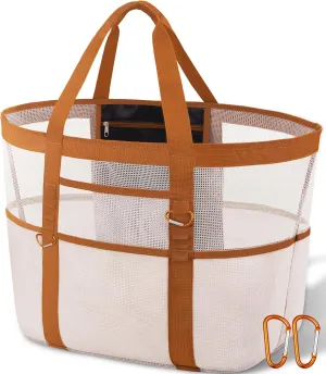 Chic & Spacious XX-Large Beach Bag for Women – 12 Pockets, Waterproof Mesh, Lightweight, Includes 2 Carabiners