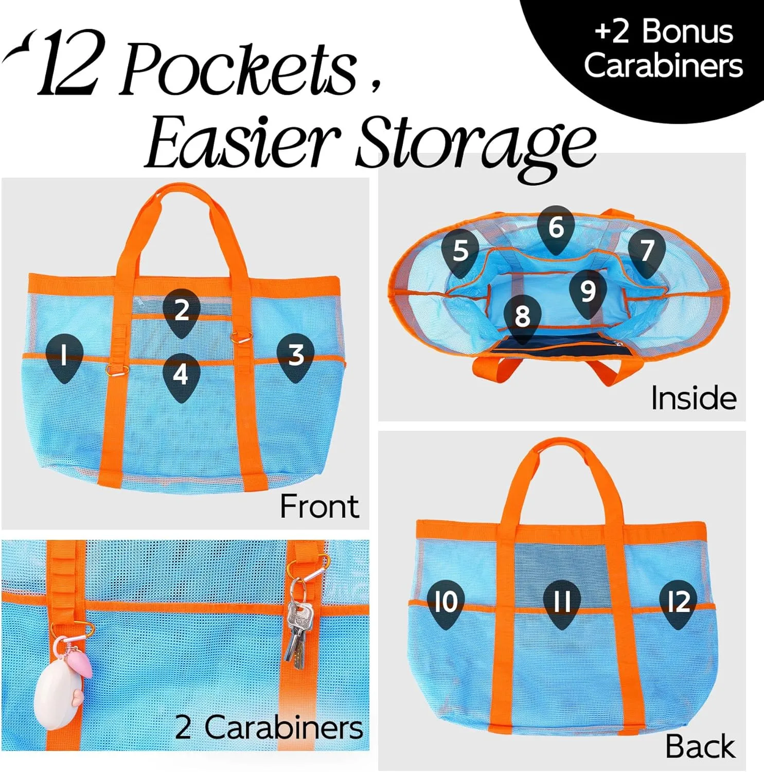 Chic & Spacious XX-Large Beach Bag for Women – 12 Pockets, Waterproof Mesh, Lightweight, Includes 2 Carabiners