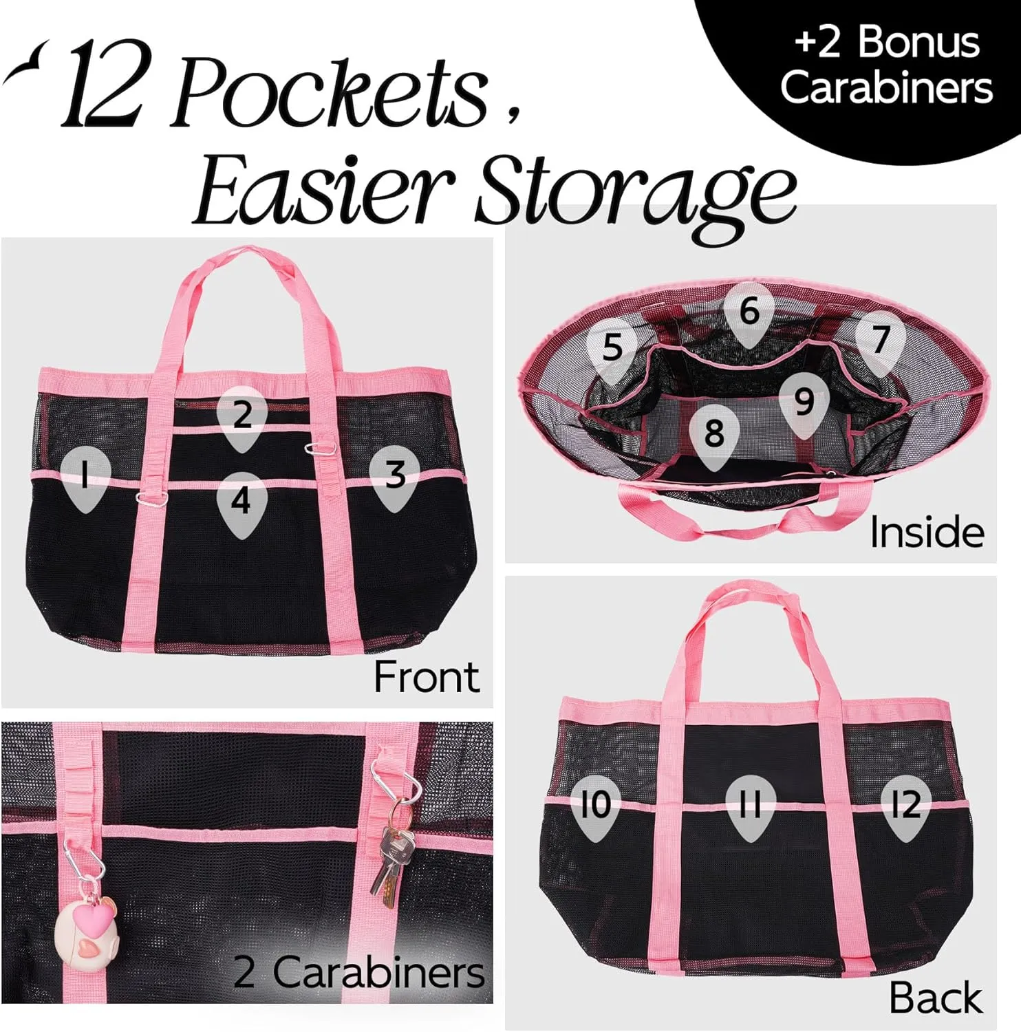 Chic & Spacious XX-Large Beach Bag for Women – 12 Pockets, Waterproof Mesh, Lightweight, Includes 2 Carabiners