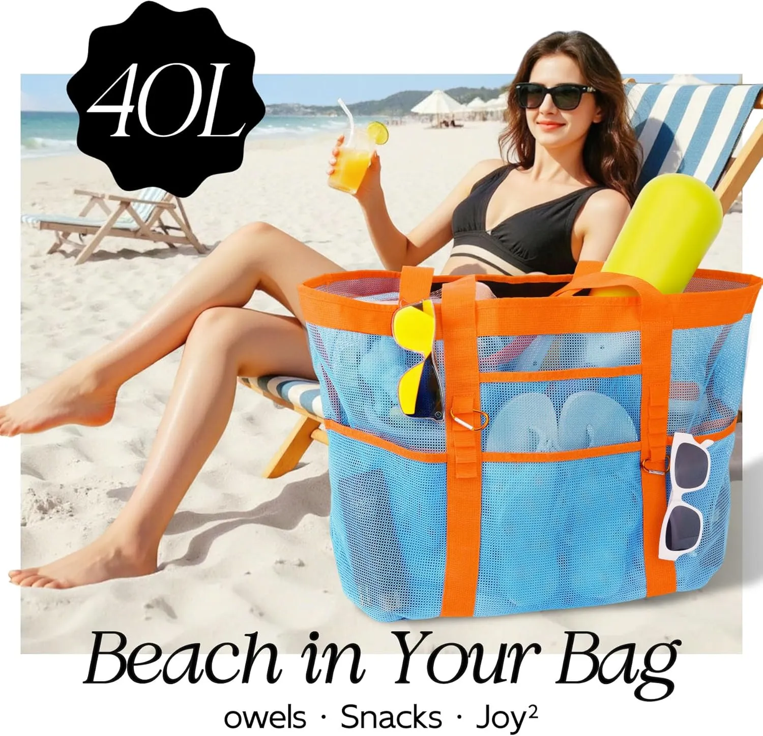 Chic & Spacious XX-Large Beach Bag for Women – 12 Pockets, Waterproof Mesh, Lightweight, Includes 2 Carabiners