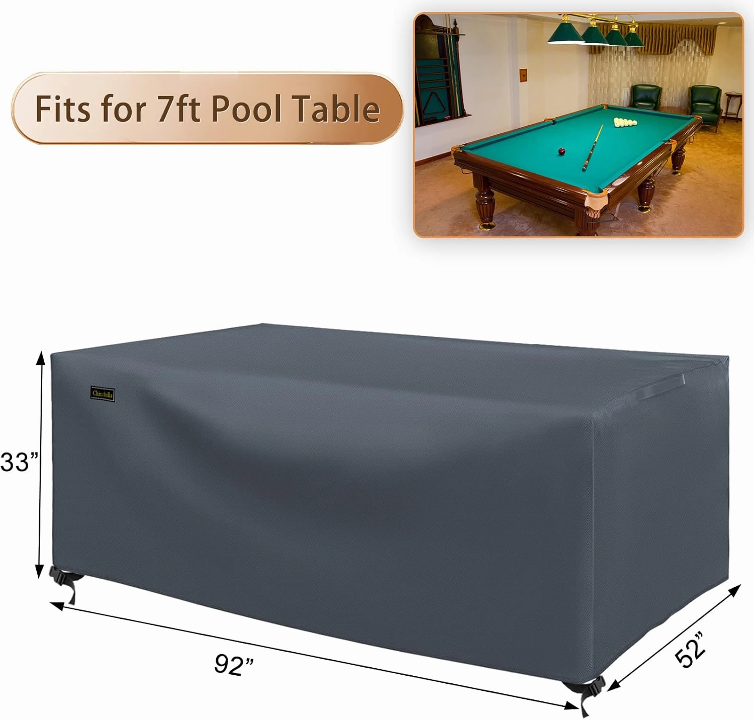 CHINCHILLA 7/8/9 ft Pool Table Cover, Waterproof Sunscreen Billiard Cover Polyester Fabric ，for Snooker Billiard Table Cover