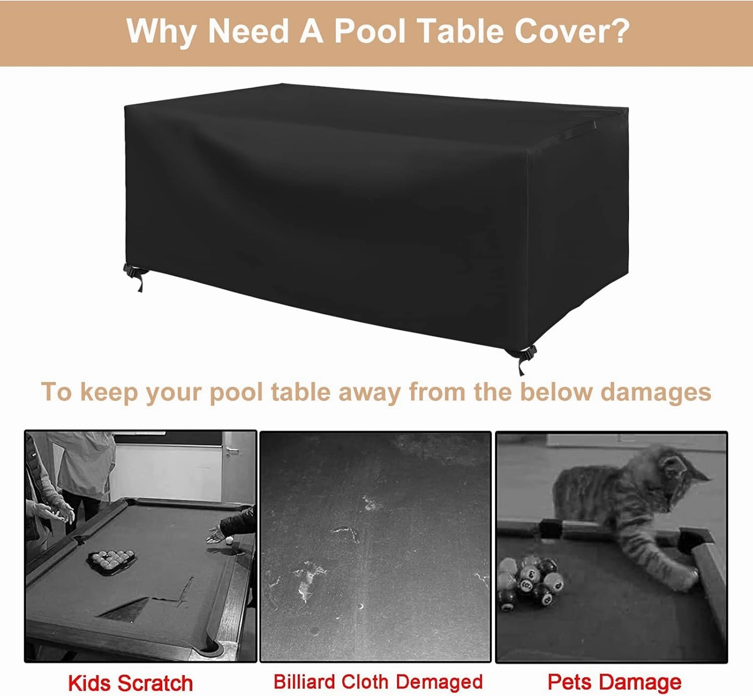 CHINCHILLA 7/8/9 ft Pool Table Cover, Waterproof Sunscreen Billiard Cover Polyester Fabric ，for Snooker Billiard Table Cover