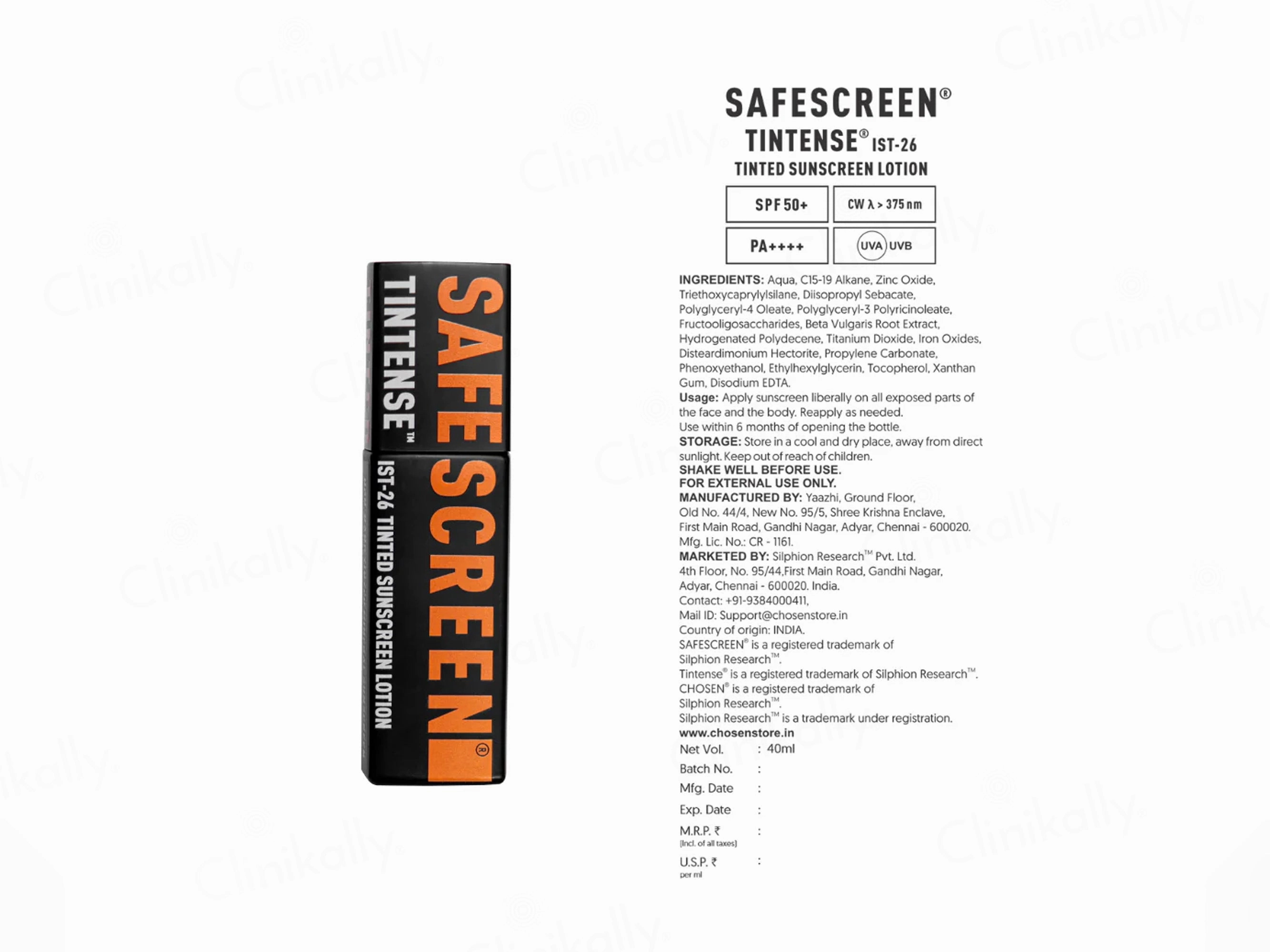 Chosen Safescreen Tintense IST-26 Tinted Sunscreen Lotion SPF 50  PA    
