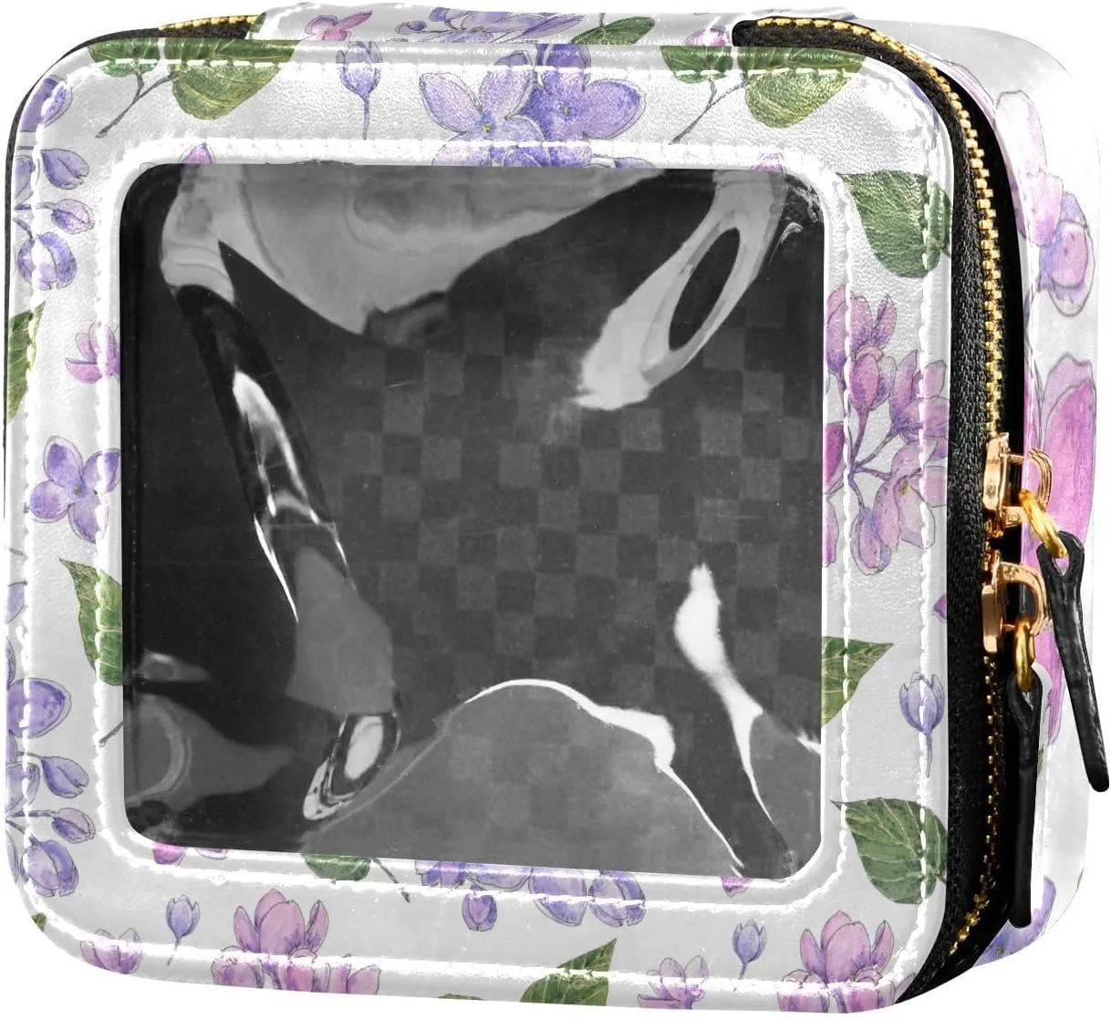 Clear Makeup Bag Mini Travel Cosmetic Case Transparent Toiletry Bag with Zipper, Portable Make Up Bag Leather Makeup Pouch for Women-Spring Lilac Flowers and Leaves