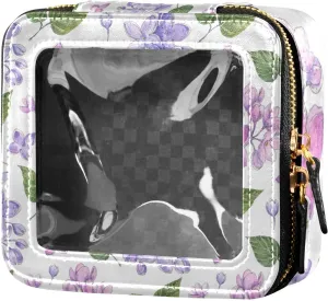 Clear Makeup Bag Mini Travel Cosmetic Case Transparent Toiletry Bag with Zipper, Portable Make Up Bag Leather Makeup Pouch for Women-Spring Lilac Flowers and Leaves