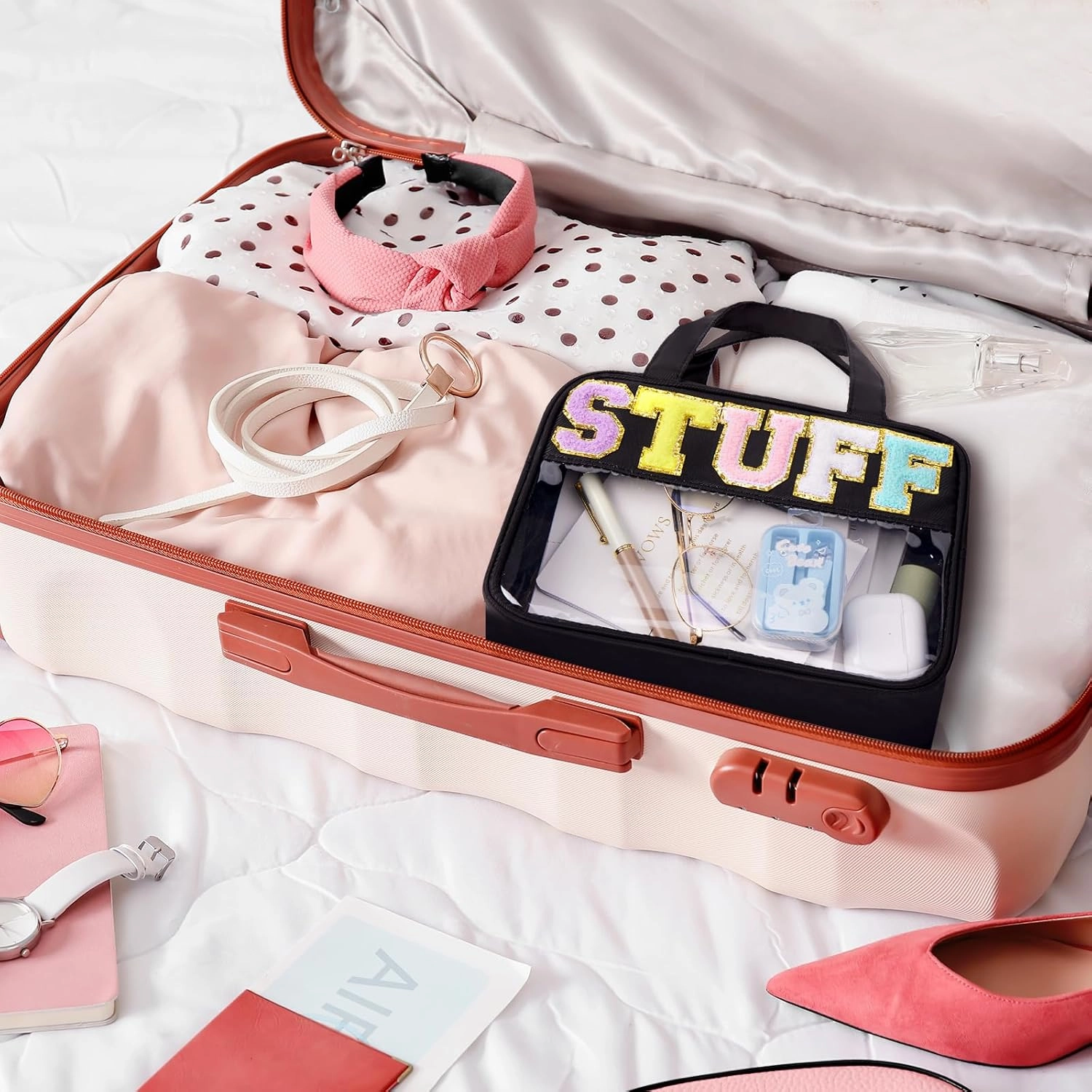 Clear Letter Makeup Bag, Black, L Size, Clear Bag