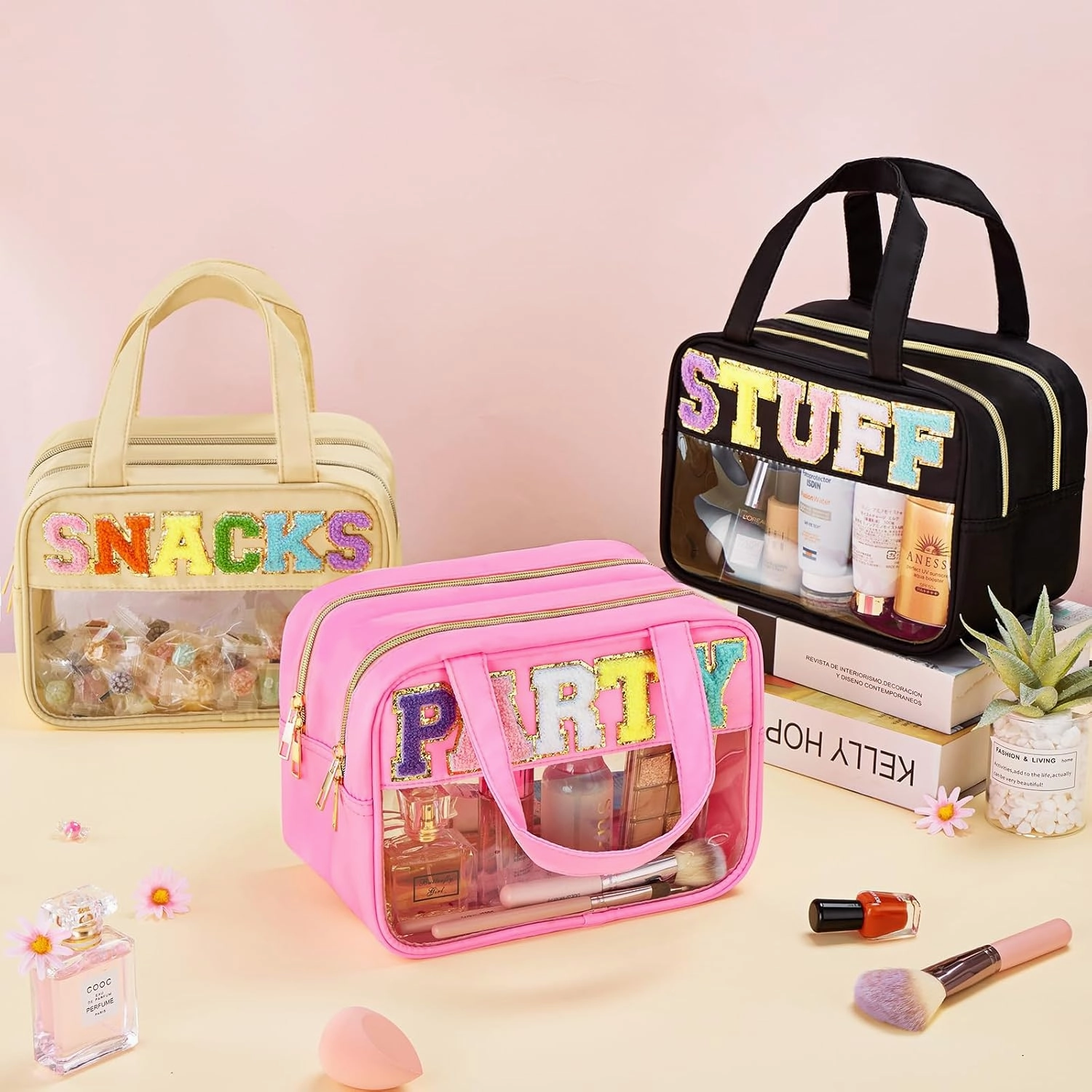 Clear Letter Makeup Bag, Black, L Size, Clear Bag