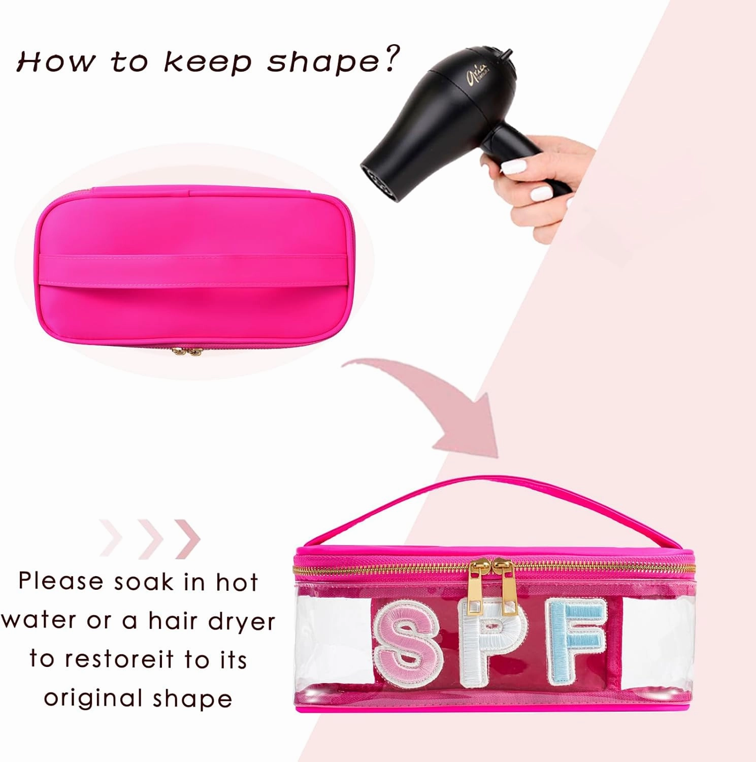 Clear Waterproof Summer SPF Makeup Bag，Aesthetic Transparent Letter Patch Cosmetic Bag with Metal Zipper, Preppy Sunscreen Accessories Storage Organization , Beach Travel Purse(03SPF Hot Pink)