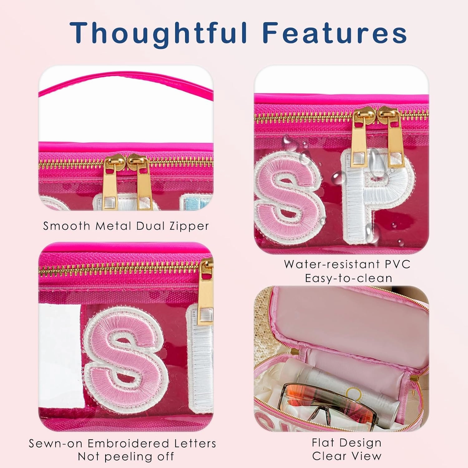 Clear Waterproof Summer SPF Makeup Bag，Aesthetic Transparent Letter Patch Cosmetic Bag with Metal Zipper, Preppy Sunscreen Accessories Storage Organization , Beach Travel Purse(03SPF Hot Pink)