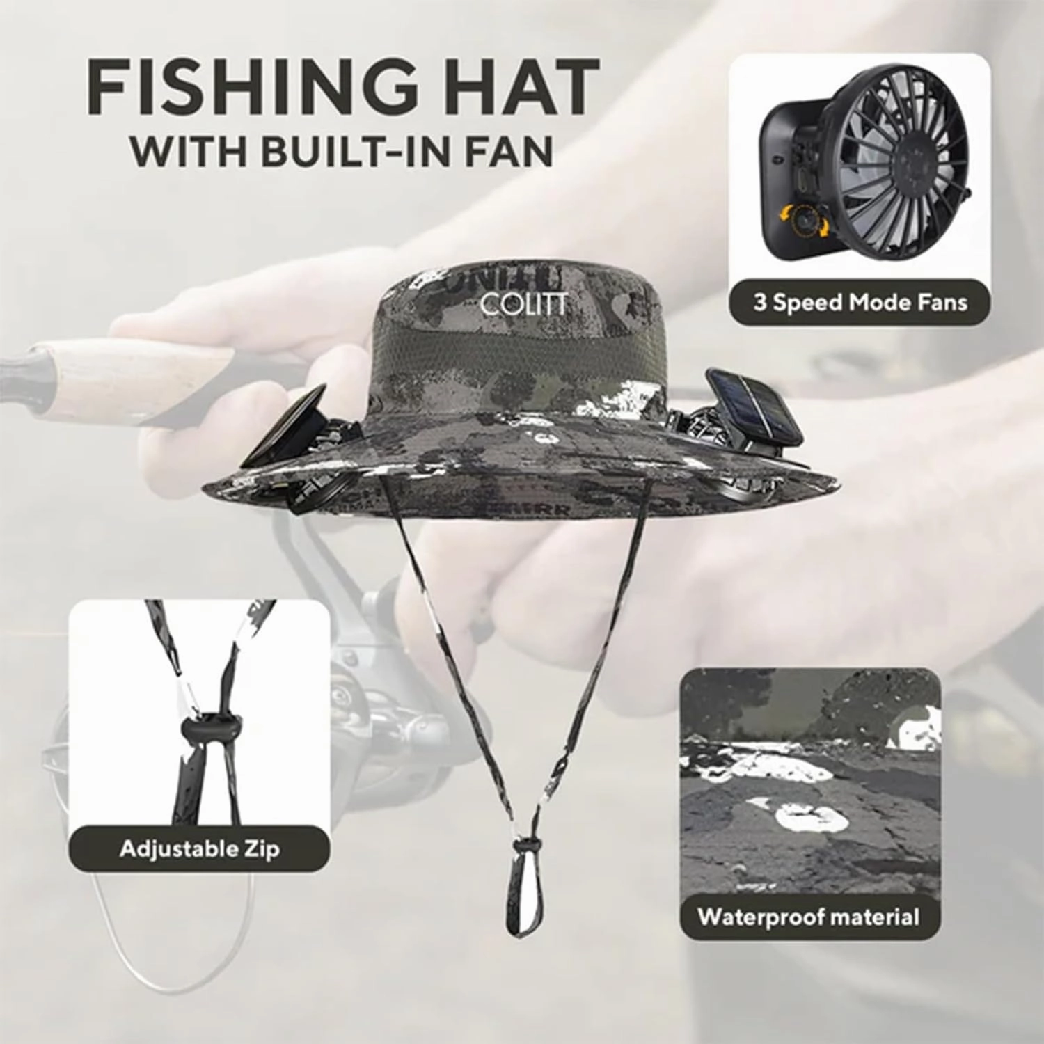 Colitt - Fishing Hat with Built in Fan, UPF 50  Sun Protection, USB/Solar Rechargeable, Adjustable Fit, Wide, Solar, Outdoor