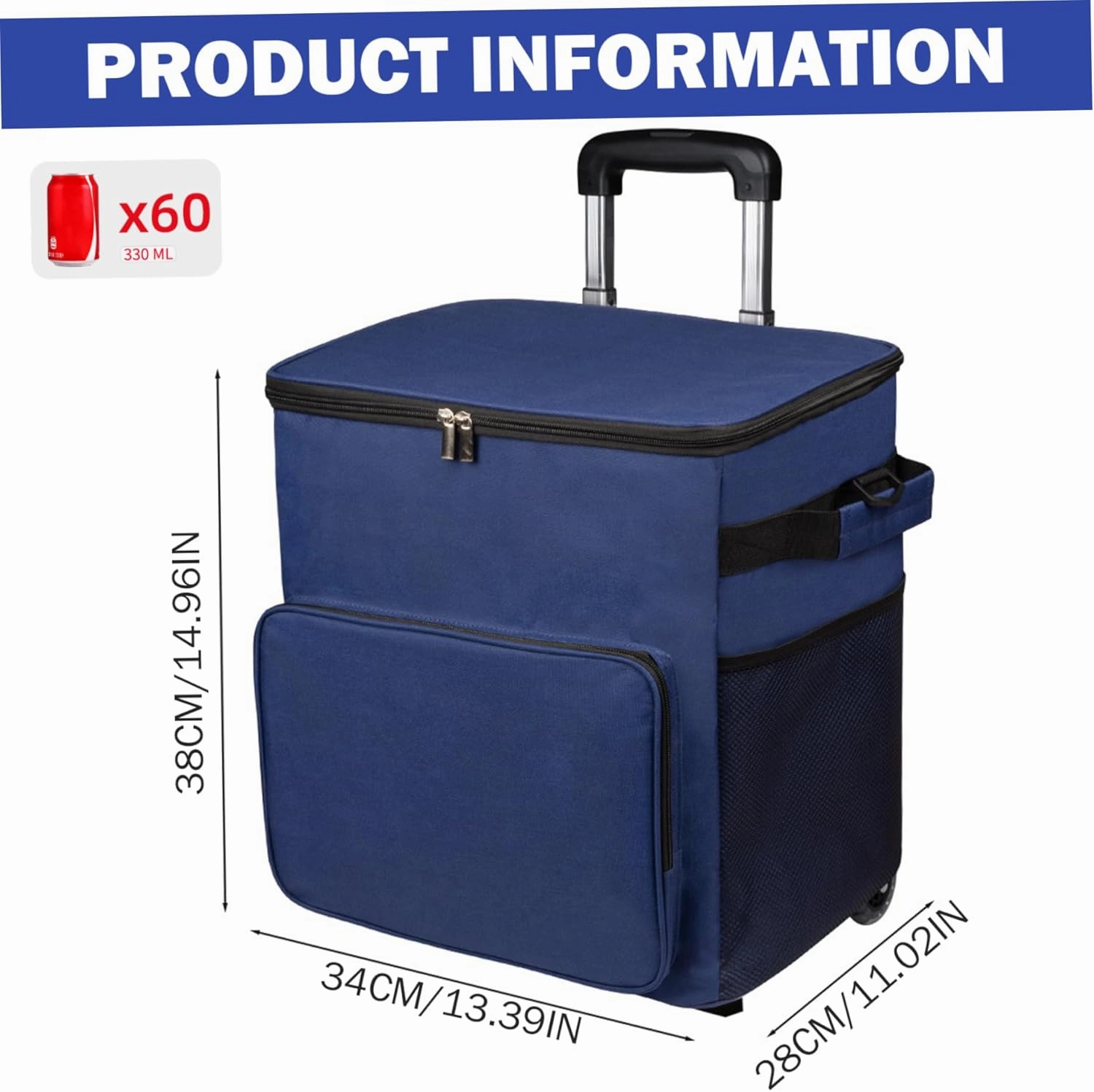 Cooler with Wheels, 35L Waterproof Oxford Cloth Cool Bag with Stretchable Pull Rod & Multi-Pockets, Rolling Cooling Bag for Beach Camping Patio Travel Outdoor (Navy Blue)
