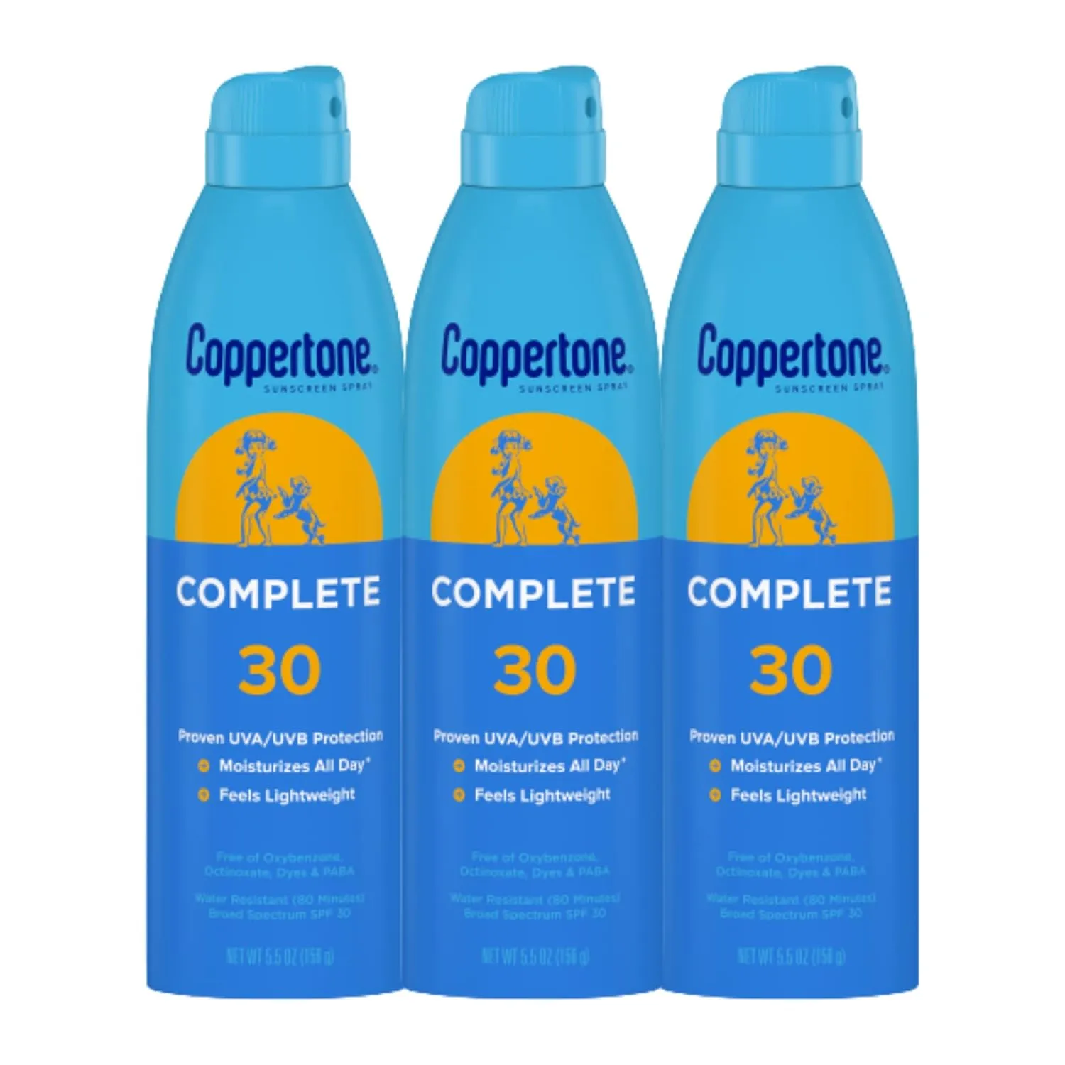 Coppertone Complete Sunscreen Spray SPF 30, Spray Sunscreen for Body, Lightweight, Water Resistant, 5.5 Oz, Pack of 3