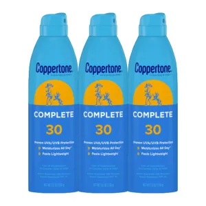 Coppertone Complete Sunscreen Spray SPF 30, Spray Sunscreen for Body, Lightweight, Water Resistant, 5.5 Oz, Pack of 3