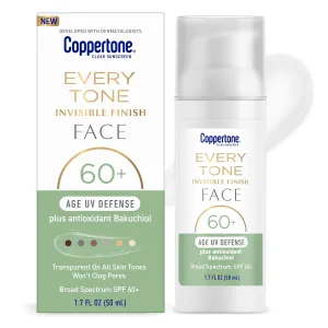 Coppertone Every Tone Invisible Finish Age UV Defense Face Sunscreen SPF 60  with Bakuchiol, Skin Care Gifts for Mom, Lightweight, Clear Sunscreen for All Skin Tones, 1.7 Fl Oz Pump Bottle