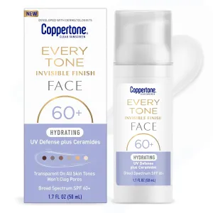 Coppertone Every Tone Invisible Finish Hydrating UV Defense Face Sunscreen SPF 60  with Ceramides, Skin Care Gifts for Mom, Lightweight, Clear Sunscreen for All Skin Tones, 1.7 Fl Oz Pump Bottle