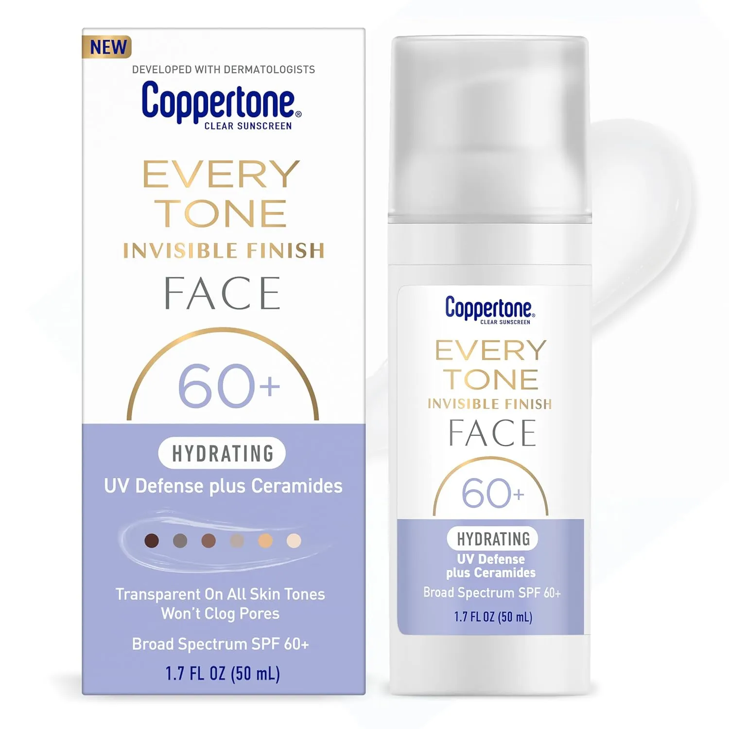 Coppertone Every Tone Invisible Finish Hydrating UV Defense Face Sunscreen SPF 60  with Ceramides, Skin Care Gifts for Mom, Lightweight, Clear Sunscreen for All Skin Tones, 1.7 Fl Oz Pump Bottle