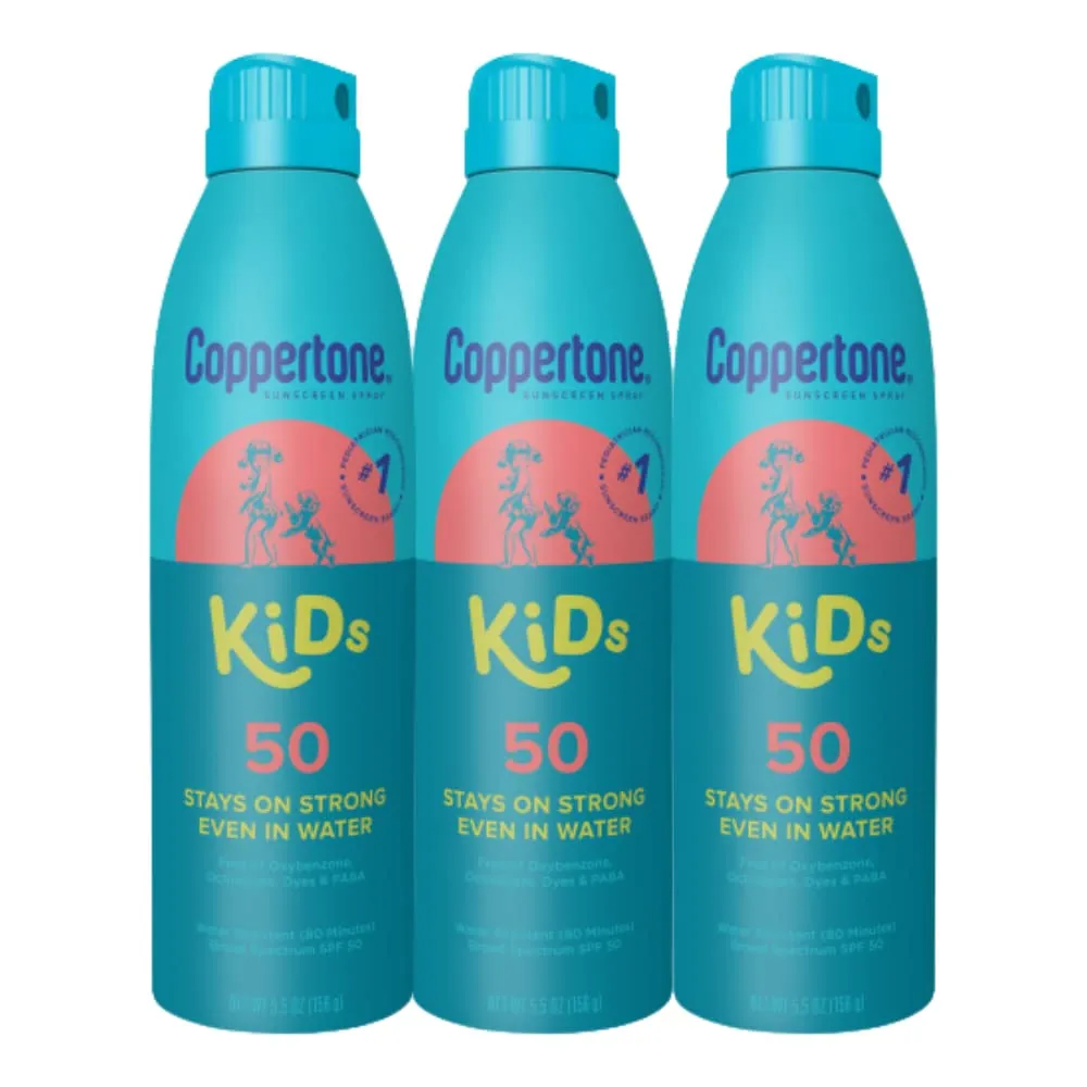 Coppertone Kids Sunscreen Spray SPF 50, Gifts for Moms, Water Resistant Spray on Sunscreen for Kids, Pediatrician Recommended, 5.5 Oz Can, Pack of 3