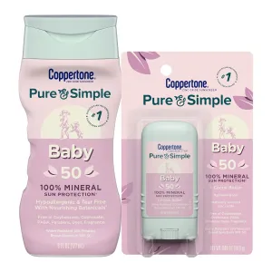 Coppertone Pure and Simple Baby Mineral Sunscreen Lotion SPF 50 (6 Fl Oz)   Sunscreen Stick SPF 50 (0.49 Oz), Baby Gifts for New Moms, Hypoallergenic and Tear Free