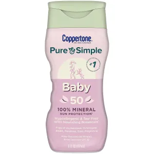 Coppertone Pure and Simple Baby Sunscreen Lotion SPF 50, Broad Spectrum Sunscreen for Baby, 6 Fl Oz Bottle