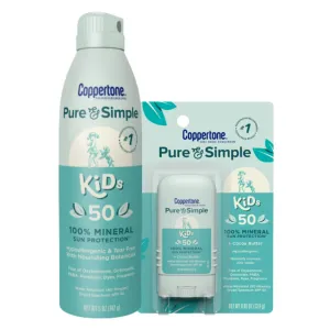 Coppertone Pure and Simple Kids Mineral Sunscreen Spray SPF 50 (5 Oz)   Kids Sunscreen Stick SPF 50 (0.49 Oz), Gifts for Moms, Hypoallergenic and Tear Free
