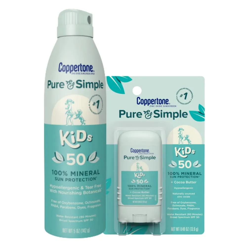 Coppertone Pure and Simple Kids Mineral Sunscreen Spray SPF 50 (5 Oz)   Kids Sunscreen Stick SPF 50 (0.49 Oz), Gifts for Moms, Hypoallergenic and Tear Free