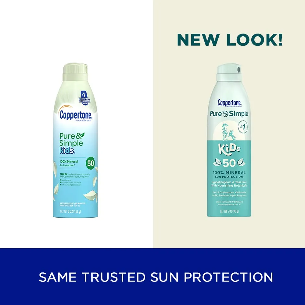 Coppertone Pure and Simple Kids Sunscreen Spray SPF 50, Zinc Oxide Mineral , Tear Free, Water Resistant, Broad Spectrum , 5 Oz