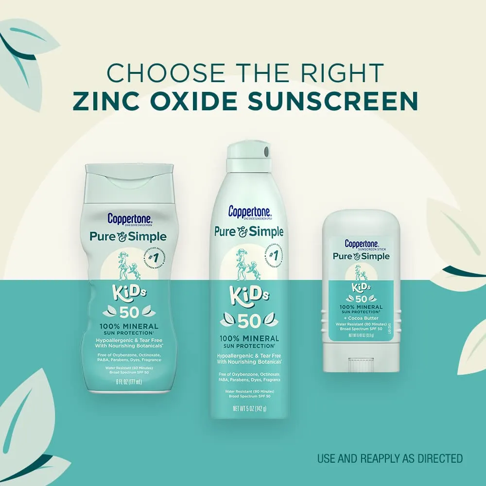 Coppertone Pure and Simple Kids Sunscreen Spray SPF 50, Zinc Oxide Mineral , Tear Free, Water Resistant, Broad Spectrum , 5 Oz