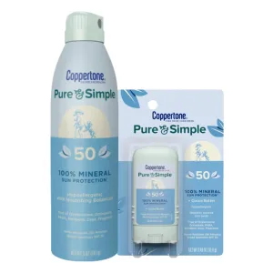 Coppertone Pure and Simple Mineral Sunscreen Spray SPF 50 (5 Oz)   Sunscreen Stick SPF 50 (0.49 Oz) for Sensitive Skin with Zinc Oxide Protection, Hypoallergenic