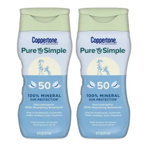 Coppertone Pure and Simple Sunscreen Lotion, SPF 50 Broad Spectrum Sunscreen with Zinc Oxide, 6 Oz, Pack of 2
