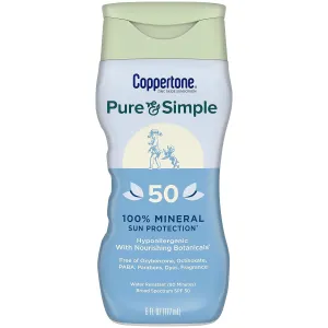 Coppertone Pure and Simple Sunscreen Lotion, SPF 50 Broad Spectrum Sunscreen with Zinc Oxide, 6 Oz