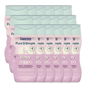 Coppertone Pure and Simple Sunscreen SPF 50 Lotion with Zinc Oxide Mineral for Babies, Tear Free, Water Resistant, Broad Spectrum, 6 Fl Oz Bottle (Pack of 18)